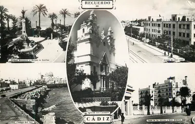 Cádiz — Vista panorâmica com monumento, igreja e avenidas — Recuerdo de Cádiz