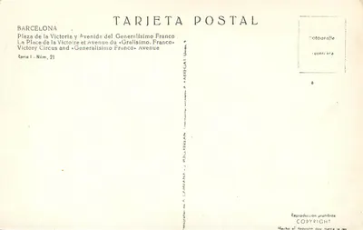 Barcelona — Plac Zwycięstwa i Aleja Generała Franco — Tarjeta Postal n°1 — Rewers