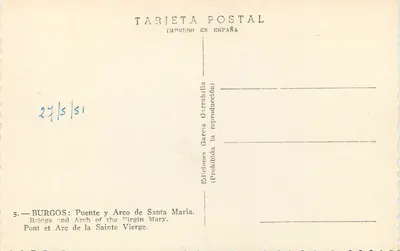Burgos — Ponte e Arco da Santa Virgem — Éditions Garcia Garraballa — Verso