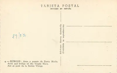 Burgos — Arc et pont de la Sainte Vierge — Wydawnictwo Garcia Garrabella — Rewers