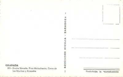 Sierra Nevada — Pico Muleyhacén, Cerro de los Machos y Alcazaba — Edições Sicilia - Zaragoza — Verso