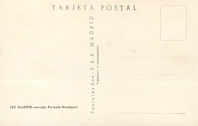 Madryt — Narodowy Pałac z pokrywą śniegiem — Postales Bea — Rewers