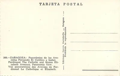 Zaragoza — Vista panorâmica das avenidas Fernando El Católico e Isabel — Edições García Garrabella, n° 266 — Verso