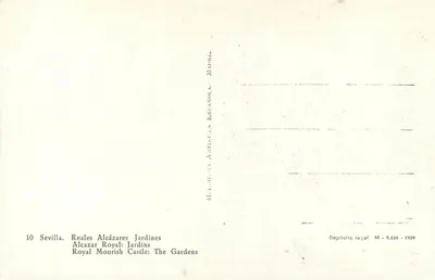 Ogród Alcázar Królewski w Sewilli — Wydawca: Helotura Agrícola Española, Madryt, nr 10 — Rewers