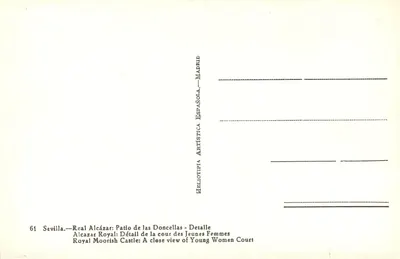 Alcazar w Sewilli — Działanka Dziewic — Héliotipa Artística Madrid — Rewers