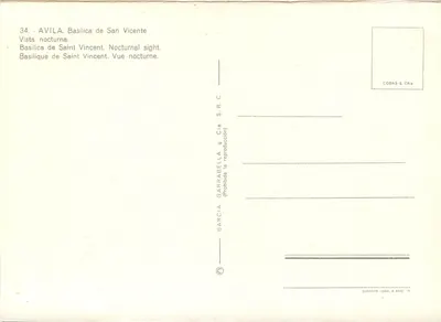 Ávila - Basílica de São Vicente — vista noturna — Garcia Garrabella & Cia. S.R.C. n°34 — Verso