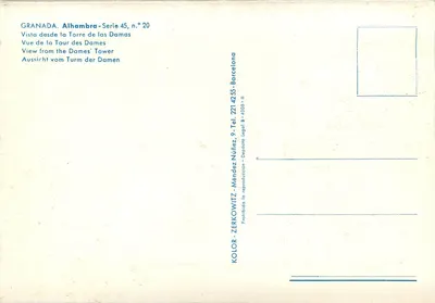 Alhambra — Vue depuis la Tour des Dames — Kolor-Zerkowitz, série 45, n°20 — Verso