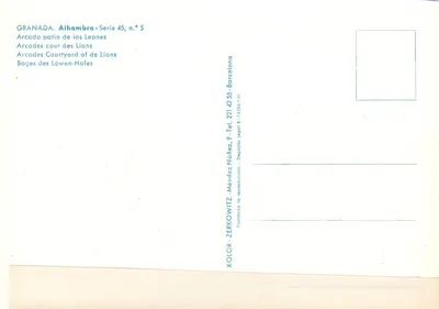 Alhambra - Pátio dos Leões — Arcadas — Série 45, n° 5 — Kolor-Zerkowitz, Barcelone — Verso
