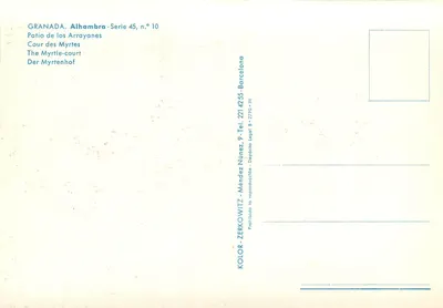 Alhambra — Dziedziniec Arrayanes — Kolor-Zerkowitz, seria 45, nr 10 — Rewers