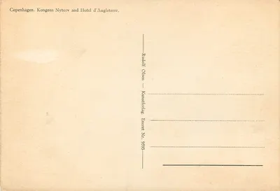 Kopenhaga, Kongens Nytorv z hotelem d'Angleterre — Rudolf Olsen, Kunstforlag, Énret Nr. 9595 — Rewers