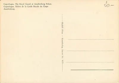 Kopenhagen - Wachtpostvervanging bij Amalienborg — Rudolf Olsen, Uitgever N° 9177 — Achterkant