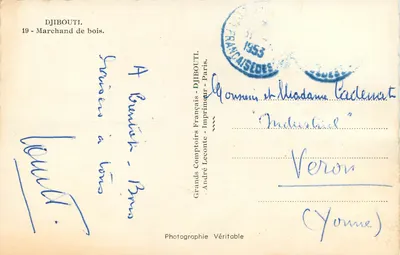 Djibuti — Vendedor de madeira — Grands Comptoirs Français, André Leconte, Paris — Verso
