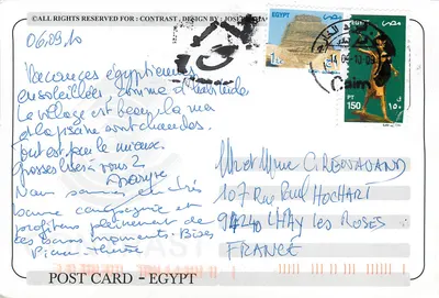 Tarjeta postal Egipto — Mapa de Egipto con fotos de sitios e inmersiones — Editor: Contrast, Diseño de Josef Zita — Reverso