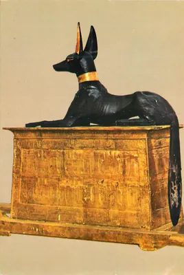 Caixa dourada na forma do deus Anúbis sobre um naos — Museu Egípcio de Lehnert & Landrock, Caire