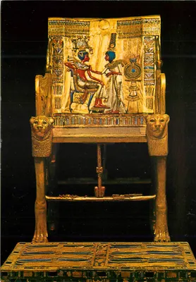 Trono de ouro do rei Tutancâmon — Museu Egípcio, Caire — editor K. Lambelet & Co., Caire, n° 92