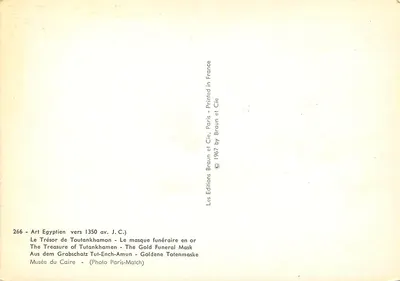 Máscara funerária de ouro de Tutankhamun — Museu do Cairo — editor Braun e Cie, n° 266 — Verso
