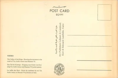 Wąwóz Królewski — Wejście do grobu króla Tutankhamuna i Ramsesa VI (na dole po prawej) — Art Publishers Lehner & Landrock, Kair — Rewers