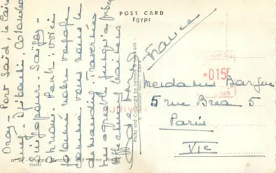 Piramida w Gizie — widok z balkonu Hotelu Chepps Pyramid and Mena House — wydawca K. Lambelet & Landrock, nr 28 — Rewers