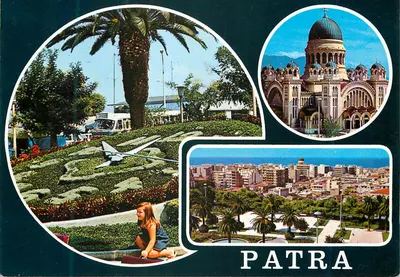 Patra — vista panorâmica, igreja e jardim com estátua de avião — editor não visível
