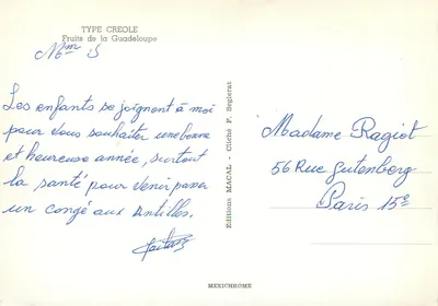 Frutas da Guadeloupe — Tipo Crioulo N°5 — Edições MACAL — Verso