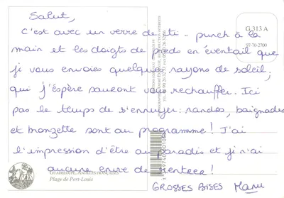 Port-Louis — praia dos pescadores com barco e rede — Éditions André Exeravat, n° G 313 A — Verso