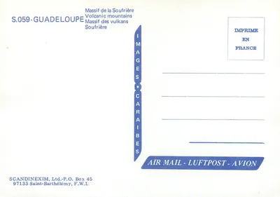 Massif da Soufrière — Montanhas vulcânicas — SCANDINEXIM, Ltd. - P.O. Box 45, 97133 Saint-Barthélemy, F.W.I. — Verso