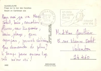 Praia na Mar dos Caribes — Guadalupe — editor IRIS, n° de série 6682 — Verso