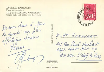 Piaszczysty brzeg z kokosowymi palmami — Antyle — Hachette, n° 5611 — Rewers