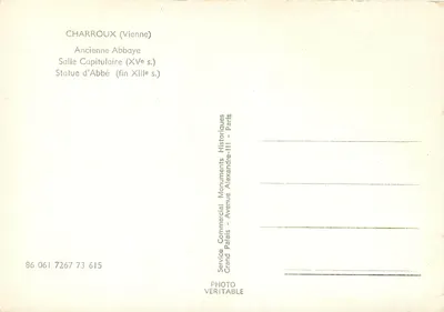 Charroux (Vienne) — Antiga Abadia, Sala Capitular, Estátua do Abade (fim do século XIII) — Service Commercial Monuments Historiques, Grand Palais, Paris — Verso