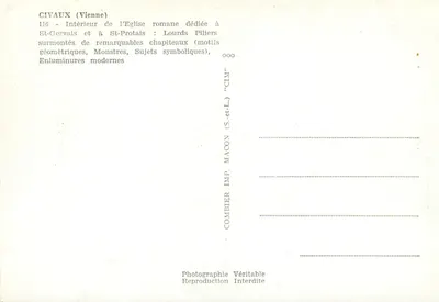Civaux (Vienne) — Interior da igreja romana dedicada a São Gervásio e São Protais — Fotografia de R. Vimy — Verso
