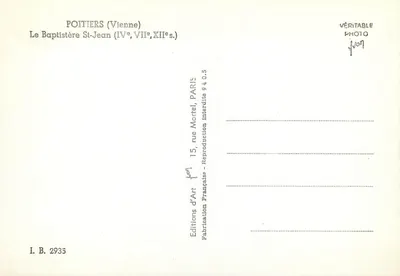Poitiers (Vienne) — Baptisteryj Świętego Jana (IV, VIII, XII w.) — Éditions d'Art Martel, Paryż — Rewers