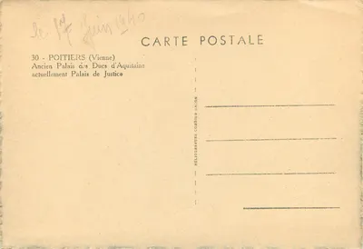 Poitiers — Stary Pałac Duszy Aquitanskich, obecnie Sądowy — Hélograviure Combier & Cie — Rewers