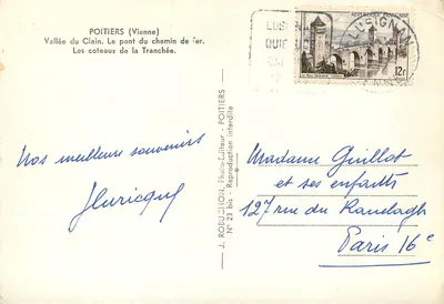Vale do Clain — O ponte da ferrovia — Os morros da Tranchée — J. ROBUCHEON, Poitiers, N° 23 bis — Verso
