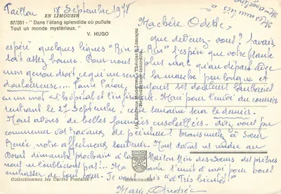 Jezioro w Limousin — 'W pięknym jeziorze, gdzie wypełnia się cały tajemniczy świat.' — Additions Moderne, Théodore de Bèze, Limoges, n° 87/351 — Rewers