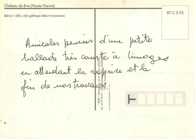 Castelo de Brie — Haute-Vienne — editor Tépec, n° 87 C 5.93 — Verso