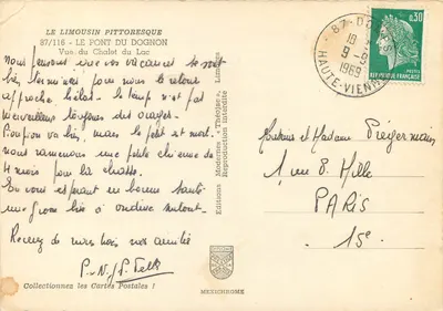 Pitoreski Limousin — Widok Chaletu na jeziorze — Wydawnictwo Modernes « Théojac » — Rewers