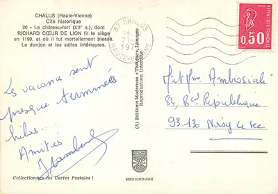 Zamek Chalus — widok z wieży, wnętrza i herbów — Wydawnictwo Modernes «Théôjac», Limoges — Rewers