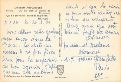 Floresta de outono — Limousin pitoresco — Edições Modernas & Théojac, n° 87/178 — Verso