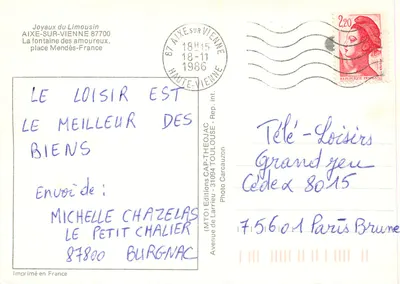 Aixe-sur-Vienne — A fonte dos Amantes, praça Mendès-France — Edições de Larrieu, n° 31094 — Verso