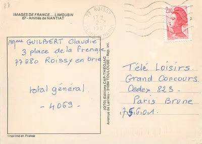 Nantiat — Vista aérea, igreja e hotel de cidade — Edições Larrieu — Verso