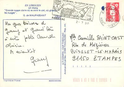 Jezioro w Limousin — 'Grande nappe claire où se mire le ciel, où glissent les nuages' — IRIS — Rewers