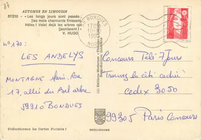 Autunno in Limousin — I lunghi giorni sono passati ; Ohimè ! Ecco già gli alberi che gialliscono ! — Edizioni Moderne « Théodric » n°87/210 — Verso