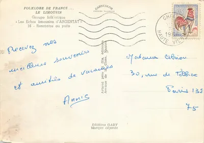 Folklore da França — Le Limousin — Grupo folclórico « Les Echos limousins d'Argentat » — Éditions Gaby — Verso