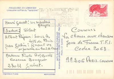 Folclore na Limousine — Mulher limousina com o 'barbichet' — Edições CAP-THEOJAC, Rep. mt. Foto J.D. Sudres — Verso