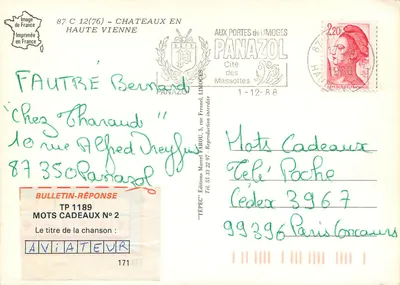 Bilhete postal moderno Castelos da Alta Vienne — Verso