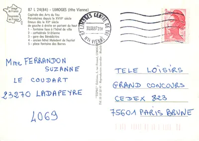 Limoges — panoramiczny widok z fontanną, katedrą i domami z krokwią — Wydawnictwo TÉPÉC — Rewers