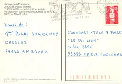 Limoges — Hotel de Ville, renesansowy budynek z dzwonnikiem — (R.A.) Wydrukowane w C.E.E. — Rewers