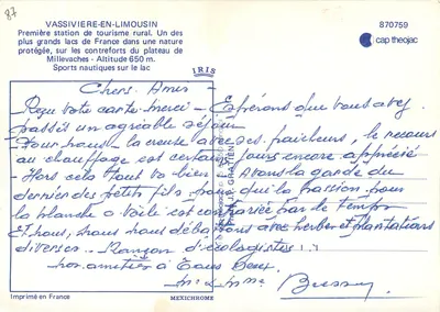 Vassivière-en-Limousin — zabezpieczony jezioro i sporty wodne — wydawca IRIS, n° 870759 — Rewers
