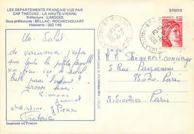 Haute-Vienne — Limousin — editor Cap Théojac, n° 87350 — Verso