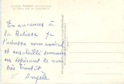 La Cigüeña — Vista del curso de agua — Ed. La Cigüeña, Limoges — Reverso
